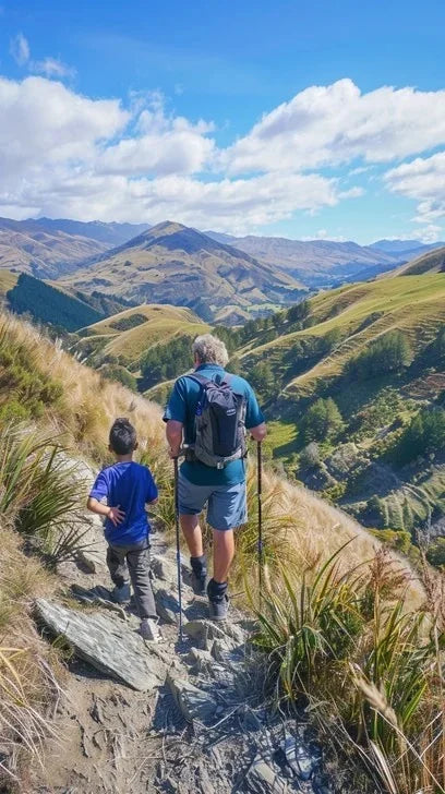 An older adult and a child hiking a mountain trail